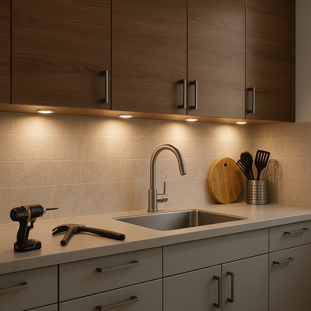 Cocina con focos LED instalados bajo los gabinetes