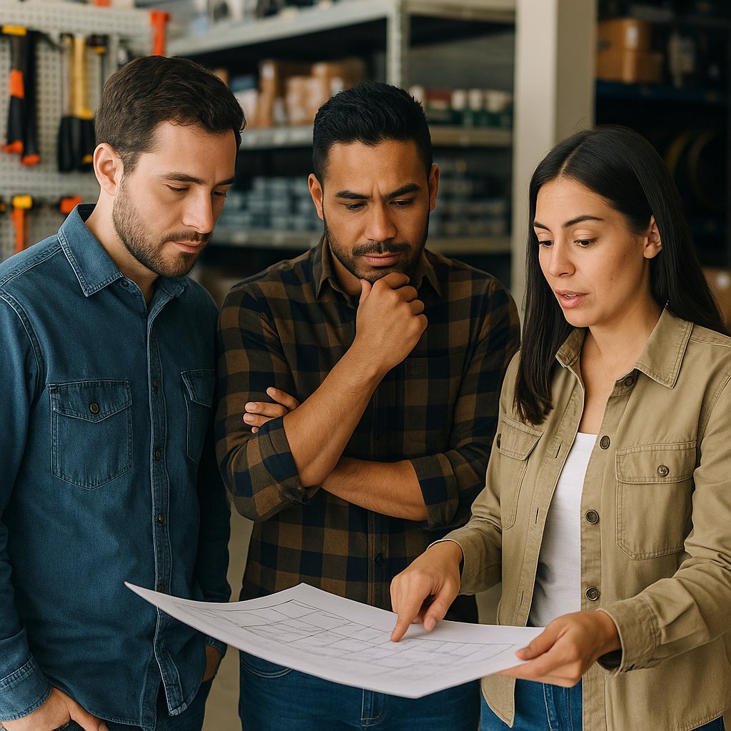 un grupo de emprendedores discutiendo sobre su nueva ferretería
