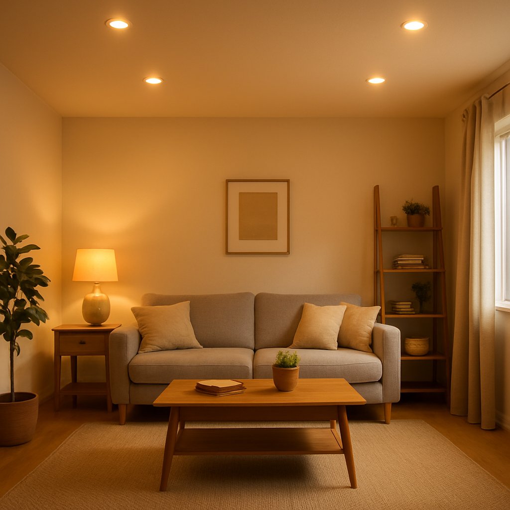 Sala de estar iluminada con focos LED cálidos