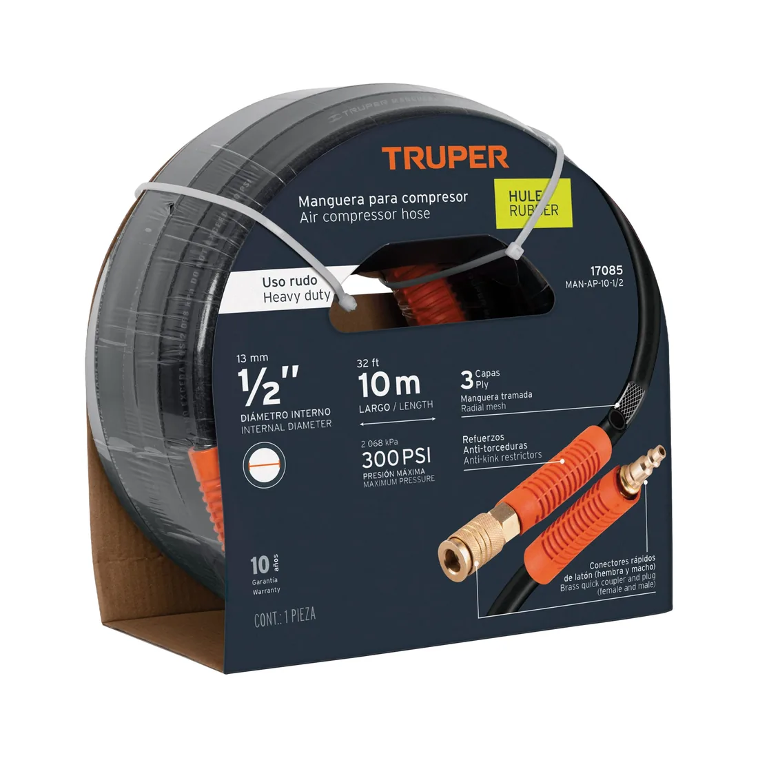Manguera para compresor, de hule, 10m x 1/2', TRUPER