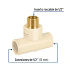 Tee de CPVC 1/2' rosca central macho inserto latón, FOSET 2