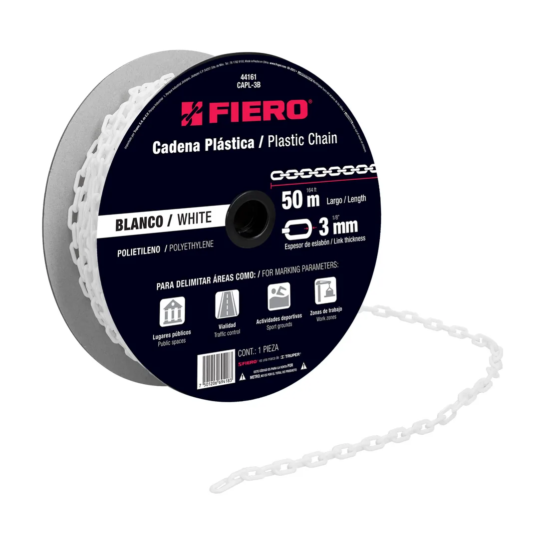 Metro de cadena de 3 mm de plástico blanca, carrete de 50 m