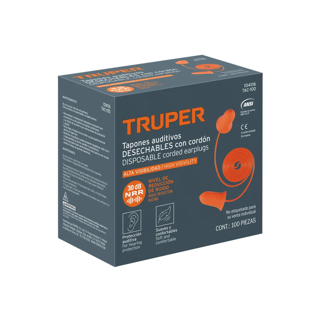 Tapón auditivo desechable con cordón, caja 100 pz