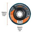 Disco laminado 4-1/2', grano 40 centro 7/8', fibra, TRUPER 3