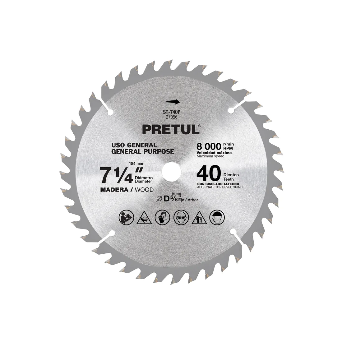 Disco sierra 7-1/4' p/madera, 40 dientes centro 5/8', PRETUL