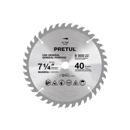 Disco sierra 7-1/4' p/madera, 40 dientes centro 5/8', PRETUL