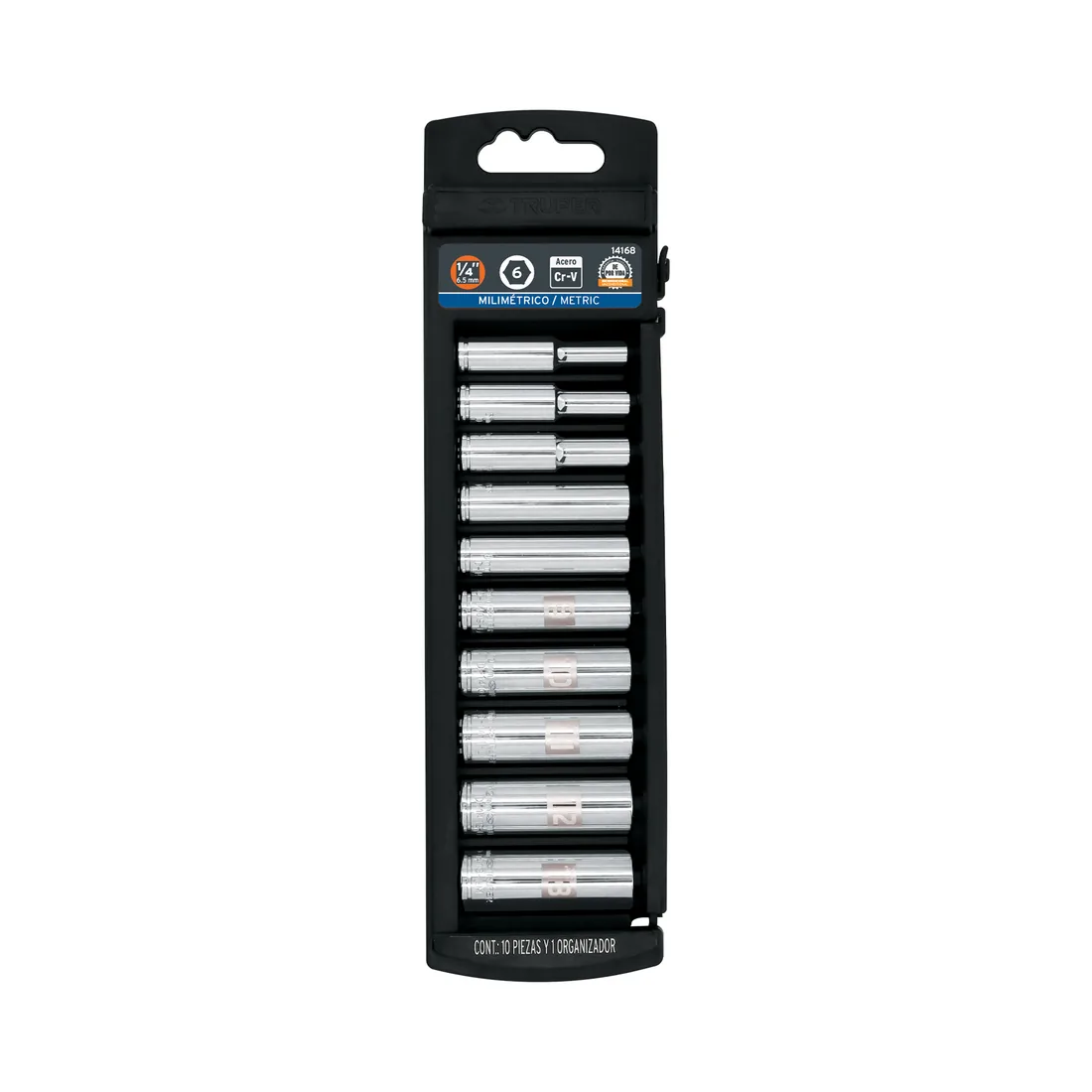 Juego de 10 dados largos cuadro 1/4' mm, TRUPER