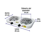 Parrilla eléctrica 2 quemadores en espiral, blanca, BASIC 3