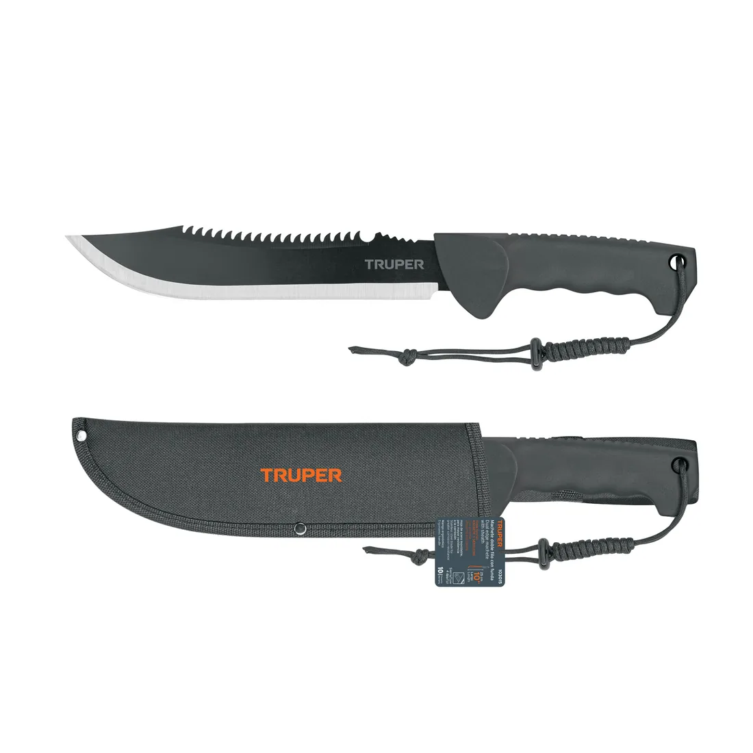 Machete doble filo 10', cacha inyectada, con funda, TRUPER