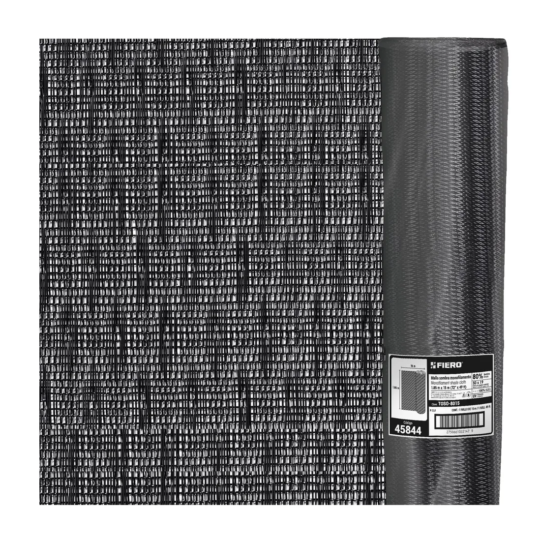 Rollo de malla sombra 80%, monofilamento negro, 1.85m x 15m