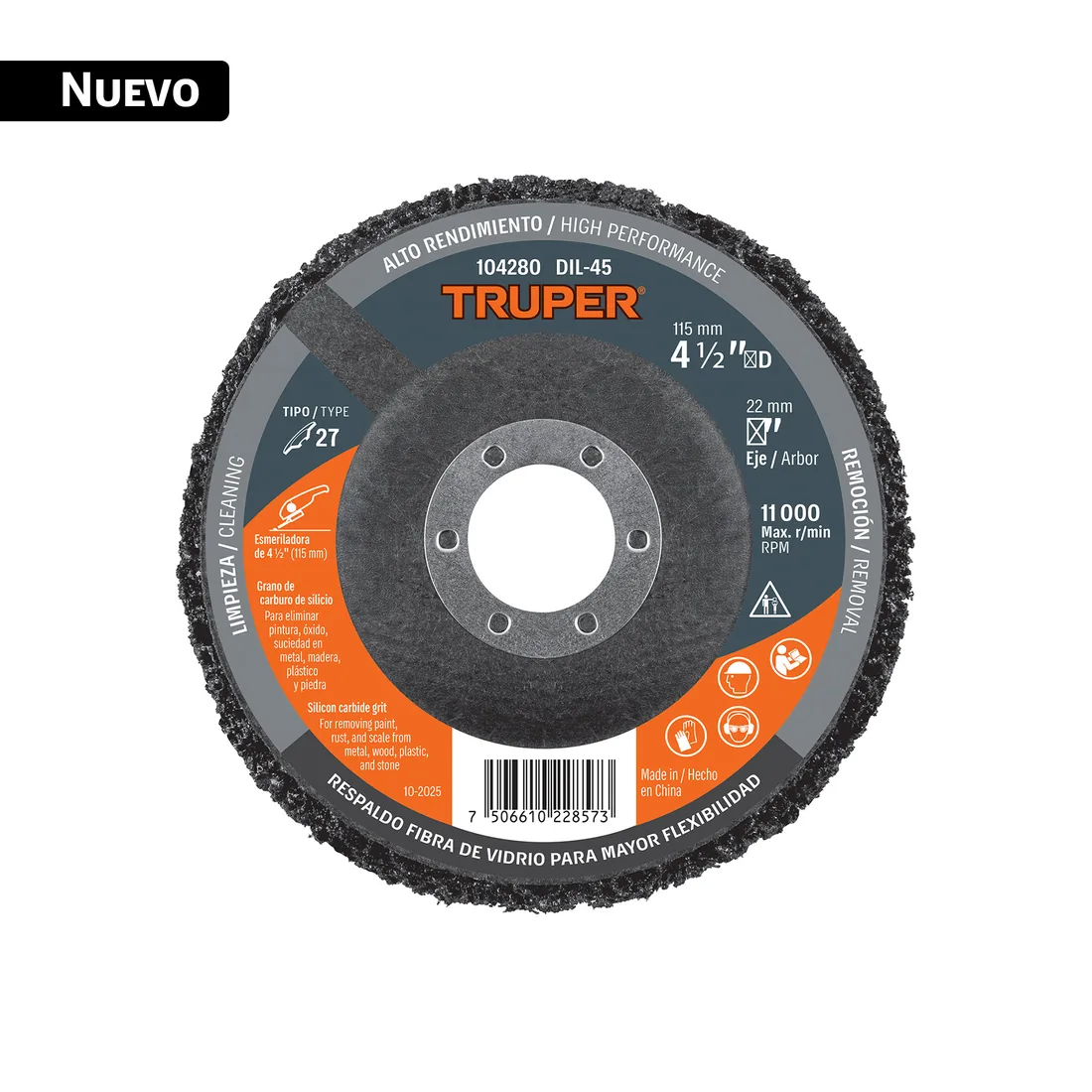 Disco removedor / limpieza 4-1/2' centro 7/8', TRUPER