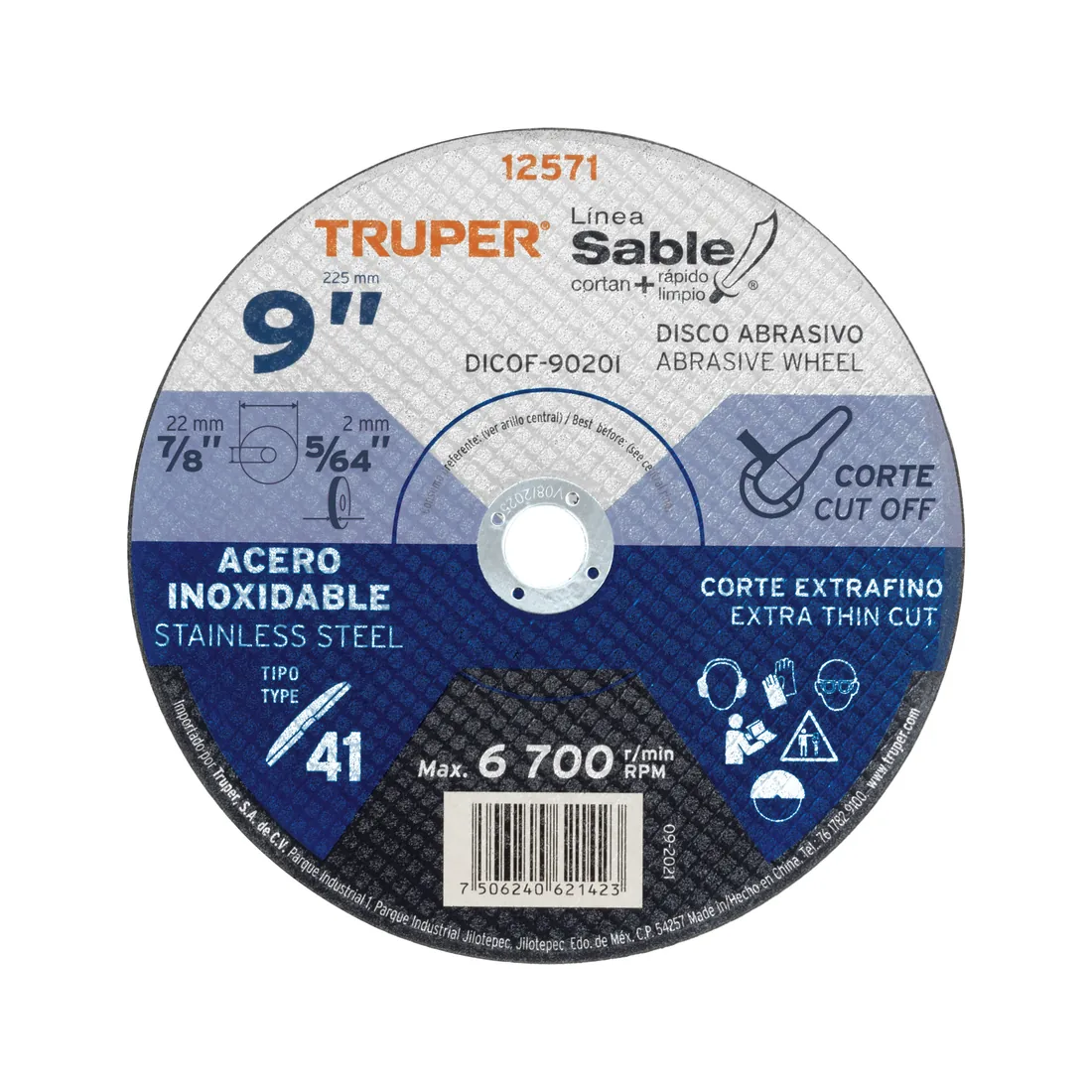 Disco abrasivo de corte preciso acero inox 9' x 2 mm, TRUPER
