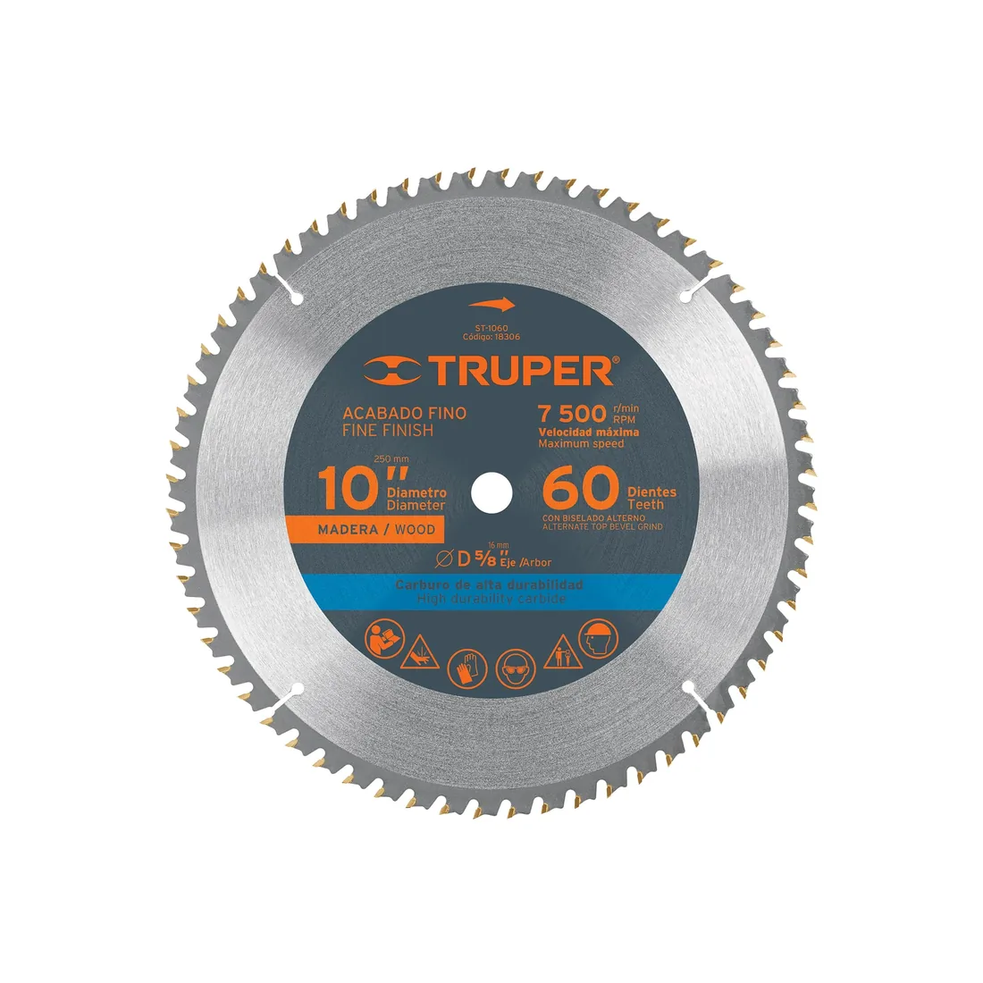 Disco sierra 10' para madera, 60 dientes centro 5/8', TRUPER