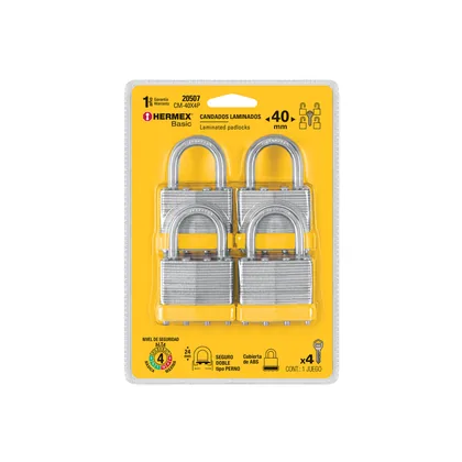 Juego de 4 candados cuerpo laminado, 40 mm, HERMEX BASIC