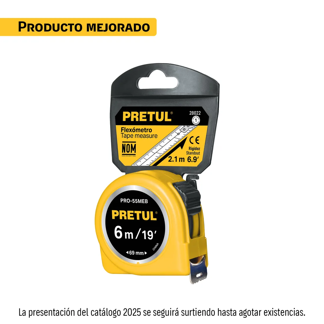 Flexómetro amarillo 6 m cinta 25 mm, en tarjeta, PRETUL