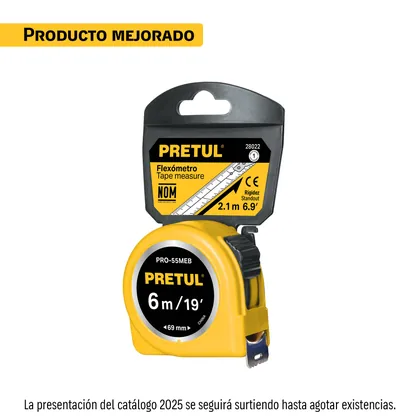 Flexómetro amarillo 6 m cinta 25 mm, en tarjeta, PRETUL
