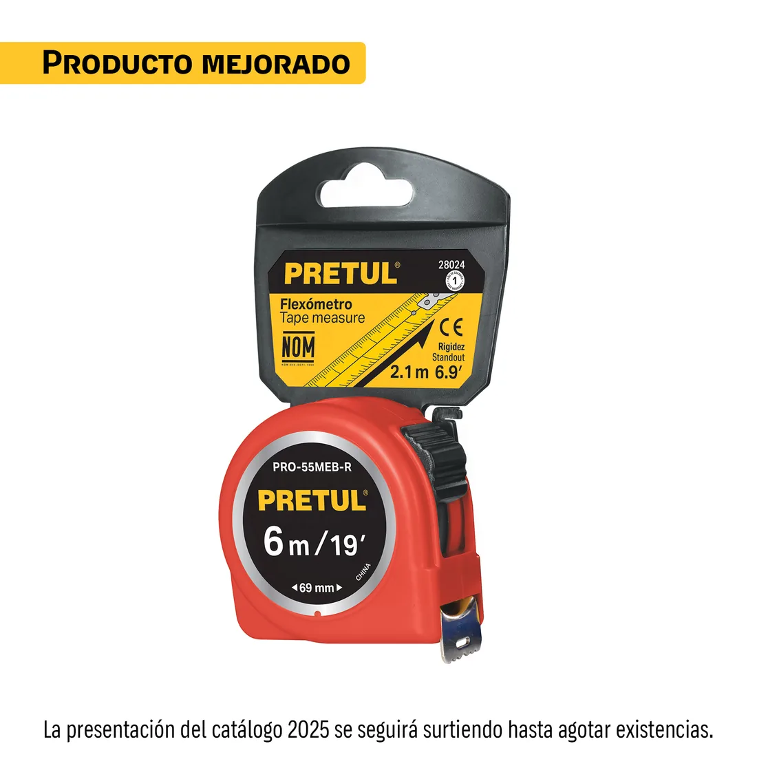 Flexómetro rojo 6 m cinta 25 mm, en tarjeta, PRETUL