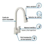 Monomando nariz retráctil para fregadero, satín, FOSET KUBO 2