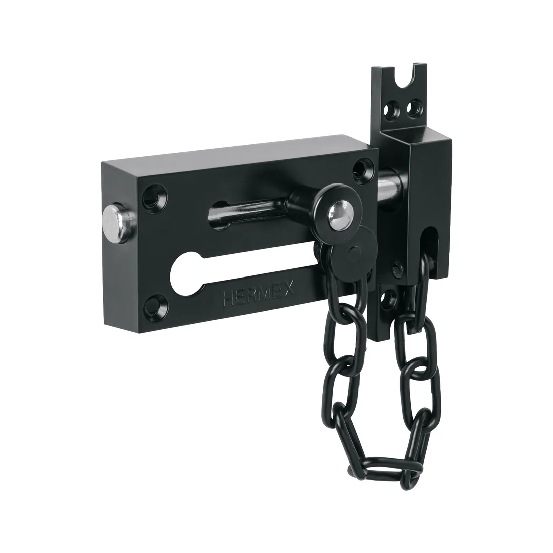 Pasador con cadena para puerta, acabado negro, HERMEX