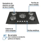 Parrilla gas empotrable 90cm, 5 quem, vidrio negro, RIVIERA 2